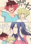 3boys blonde_hair blue_hair blush flipped_hair gueira hand_in_own_hair highres karokuchitose lio_fotia long_hair male_focus meis_(promare) messy_hair multiple_boys patterned_background pink_hair polka_dot polka_dot_background promare redhead shoulder_tattoo sleepy sparkle tattoo yawning yellow_background 