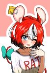  1girl alternate_hair_length alternate_hairstyle animal_ears ddolbang hakos_baelz highres hololive hololive_english key mouse_ears mouse_girl mouse_tail mousetrap multicolored_hair redhead shirt short_hair tail virtual_youtuber white_shirt 