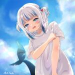  1girl bangs blue_eyes blue_hair blue_sky blunt_bangs blush embarrassed fang fish_tail gawr_gura grey_hair hair_ornament highres hololive hololive_english long_hair looking_at_viewer multicolored_hair open_mouth oversized_clothes oversized_shirt sayano_noa shark_girl shark_hair_ornament shark_tail shirt short_sleeves signature skin_fang sky solo streaked_hair summer sweatdrop t-shirt tail two_side_up upper_body virtual_youtuber wavy_mouth white_shirt 