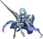  1girl ark_order armor armored_boots artist_request bangs bare_shoulders black_corset black_thighhighs blue_cape blue_hair boots bra braid breastplate cape closed_mouth corset full_body gareth_(ark_order) grey_footwear holding holding_shield holding_weapon long_hair official_art shield sitting solo tachi-e thigh-highs thigh_boots transparent_background underwear weapon white_bra yellow_eyes 