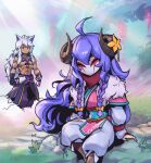  1boy 1girl ahoge animal_ears arm_support bangs bead_necklace beads bow braid commentary_request facing_viewer flower fox_ears fur_trim green_pants grey_hair hair_between_eyes hair_bow horn_flower horns japanese_clothes jewelry kimono kindred_(league_of_legends) lamb_(league_of_legends) league_of_legends long_hair looking_at_another mask muscular muscular_male necklace orange_bow outdoors pants phantom_ix_row purple_hair sett_(league_of_legends) shiny shiny_hair sitting spirit_blossom_kindred spirit_blossom_sett tree twin_braids yellow_flower 