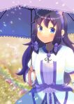  1girl bangs black_hair black_ribbon blue_eyes blurry blurry_background bow closed_mouth commentary_request commission depth_of_field dress frilled_umbrella frills gloves heart holding holding_umbrella kou_hiyoyo lens_flare long_hair looking_at_viewer neck_ribbon original puffy_short_sleeves puffy_sleeves purple_bow purple_umbrella ribbon short_sleeves skeb_commission smile solo umbrella very_long_hair white_dress white_gloves 