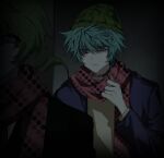  2boys adjusting_scarf aqua_eyes aqua_hair bags_under_eyes beanie black_jacket blue_jacket closed_mouth collar dark green_eyes green_hair green_headwear grey_background hair_between_eyes hand_up hat highres hiyori_sou jacket kimi_ga_shine korean_commentary long_sleeves looking_at_another low_ponytail male_focus midori_(kimi_ga_shine) multiple_boys polka_dot polka_dot_scarf red_scarf scarf shirt short_hair spiky_hair sweat upper_body yapp722 yellow_shirt 