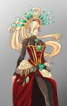  1girl absurdres alternate_hairstyle anonymous_(korean) artist_request blonde_hair blue_eyes breasts corset earrings eldar facial_tattoo feathers headgear highres jewelry large_breasts long_hair ponytail solo tattoo warhammer_40k yvraine 