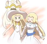  2girls :d bangs bare_arms buttons closed_eyes closed_mouth collared_dress commentary_request dress eyelashes green_eyes happy hat highres holding_hands lillie_(pokemon) long_sleeves multiple_girls nihilego open_mouth pokemon pokemon_(anime) pokemon_(creature) pokemon_journeys saon101 smile split_mouth white_dress white_headwear 