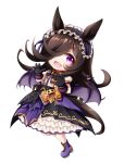  1girl :d animal_ears bangs bat_wings black_bow black_gloves black_hair black_skirt boots bow chibi frilled_hairband frilled_skirt frills full_body gloves hair_over_one_eye hairband highres horse_ears horse_girl horse_tail kuena long_hair looking_at_viewer low_wings make_up_in_halloween!_(umamusume) puffy_short_sleeves puffy_sleeves purple_footwear purple_hairband purple_wings rice_shower_(make_up_vampire!)_(umamusume) shirt short_sleeves simple_background skirt smile solo tail umamusume white_background white_shirt wings 