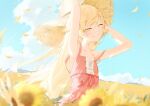  1girl arms_up bangs blonde_hair blue_sky day dress field flower highres long_hair looking_at_viewer monogatari_(series) one_eye_closed outdoors pink_dress sb_lama sky sleeveless sleeveless_dress smile solo sunflower yellow_eyes 