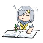  1girl closed_eyes commentary_request grey_hair grey_sailor_collar hair_ornament hair_over_one_eye hairclip hama!_(3toshinhmkz) hamakaze_(kancolle) holding holding_pencil kantai_collection neckerchief no_nose notebook pencil sailor_collar school_uniform serafuku short_hair simple_background sleepy solo squiggle white_background yellow_neckerchief 