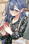  1girl 1other asymmetrical_hair bangs black_shirt blue_eyes blue_hair blush book bookshelf braid closed_mouth collarbone ear_blush floral_print hair_behind_ear hair_between_eyes happy highres holding holding_book kimi_no_koto_ga_dai_dai_dai_dai_daisuki_na_100-nin_no_kanojo library long_hair looking_at_another official_art open_book shirt sidelocks smile very_long_hair yoshimoto_shizuka yukiko_(haikara) 