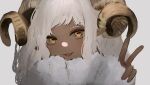  1girl absurdres animal_ears bangs dark-skinned_female dark_skin fluffy goat_ears goat_girl goat_horns hand_up highres horizontal_pupils horns long_hair looking_at_viewer open_mouth original personification pikuson pointy_ears portrait sheep simple_background upper_body v white_background white_hair yellow_eyes 