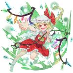  1girl ascot blonde_hair collared_shirt crystal flandre_scarlet frilled_skirt frills full_body hat laevatein_(touhou) long_hair mob_cap puffy_short_sleeves puffy_sleeves red_eyes red_skirt red_vest shirt short_sleeves side_ponytail simple_background skirt socks solo syuri22 touhou vest white_background white_headwear white_shirt white_socks wings yellow_ascot 