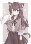  1girl absurdres animal_ears blue_eyes brown_hair capelet cat_ears cat_girl cat_hair_ornament cat_tail center_frills colon_br frilled_capelet frilled_shirt frills hair_ornament highres long_hair long_sleeves looking_at_viewer original shirt tail white_shirt 