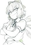  1girl bow cirno crossed_arms greyscale hair_bow head_tilt ice ice_wings monochrome puffy_short_sleeves puffy_sleeves short_sleeves smile smug solo spacezin touhou upper_body wings 