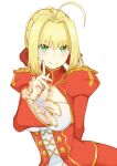  1girl absurdres ahoge arm_behind_back blonde_hair bow dress fate/extra fate_(series) finger_to_cheek green_eyes hair_bow highres kamesan231 nail_polish nero_claudius_(fate) nero_claudius_(fate/extra) red_bow red_dress red_nails short_hair simple_background smile solo white_background 