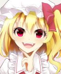  1girl blonde_hair fangs flandre_scarlet frilled_shirt_collar frills hair_between_eyes hand_on_own_chin hat highres kisaragi_koushi looking_at_another medium_hair mob_cap open_mouth puffy_short_sleeves puffy_sleeves red_eyes short_sleeves side_ponytail solo teeth touhou upper_body upper_teeth white_headwear 