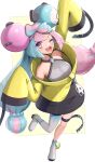  1girl absurdres aqua_hair bow-shaped_hair gonzarez highres iono_(pokemon) jacket long_hair low-tied_long_hair oversized_clothes pokemon pokemon_(game) pokemon_sv sharp_teeth shirt single_leg_pantyhose sleeveless sleeveless_shirt sleeves_past_fingers sleeves_past_wrists solo star_(symbol) star_in_eye symbol_in_eye teeth twintails yellow_jacket 