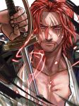 1boy beard commentary_request facial_hair highres holding holding_weapon male_focus one_piece pectoral_cleavage pectorals redhead scar scar_across_eye scar_on_face serious shanks_(one_piece) shirt short_hair sword tobo_katsuo weapon 
