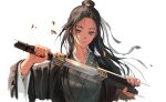  1girl black_eyes black_hair bracelet expressionless hair_bun hair_ribbon holding holding_sword holding_weapon jewelry korean_commentary leaf long_hair long_sleeves looking_at_object original ribbon saeldam sheath solo sword unsheathing upper_body weapon white_background wide_sleeves 