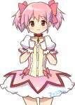  1girl bow brown_eyes bubble_skirt choker closed_mouth cowboy_shot gloves kaname_madoka looking_at_viewer magical_girl mahou_shoujo_madoka_magica pink_bow pink_hair puffy_short_sleeves puffy_sleeves red_choker ruru_(rurumagi) short_hair short_sleeves short_twintails simple_background skirt smile solo standing twintails white_background white_gloves 