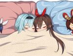  2girls amber_(genshin_impact) artist_name bangs blue_hair brown_hair closed_eyes commentary doll eula_(genshin_impact) genshin_impact hair_between_eyes light_blue_hair light_blush long_hair multiple_girls pillow sleeping under_covers vickie_(cryingrobot) yuri 