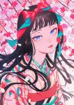  1girl aburage_(motimotigg20) bangs black_hair blue_eyes blunt_bangs branch cherry_blossoms commentary_request floating_hair hair_ribbon head_tilt highres japanese_clothes kimono long_hair looking_at_viewer original parted_lips petals print_kimono ribbon solo 