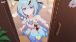  1girl bangs bare_shoulders blue_hair door dress griseo hat highres honkai_(series) honkai_impact_3rd indoors long_hair looking_at_viewer official_art parted_lips solo sundress twintails violet_eyes white_dress wooden_floor 