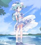  1girl :3 ahoge amimi arms_behind_back backpack bag blue_bag blue_bow blue_eyes blue_footwear blue_hair blue_sky bow closed_mouth commission frilled_skirt frills full_body hair_bow highres looking_at_viewer original outdoors randoseru short_hair short_sleeves skeb_commission skirt sky smile socks standing two_side_up wading white_socks 