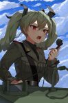  1girl absurdres anchovy_(girls_und_panzer) clouds cloudy_sky girls_und_panzer green_hair green_jacket ground_vehicle highres jacket military military_uniform military_vehicle motor_vehicle necktie open_mouth red_eyes riding_crop sky solo tamusuguru tank twintails uniform 