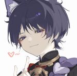  1boy bishounen fengyuanwanyedegou01848 fox_shadow_puppet genshin_impact heart japanese_clothes looking_at_viewer male_focus purple_hair scaramouche_(genshin_impact) solo violet_eyes 