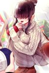  1girl 1other aran_sweater bag bangs black_hair boots brown_footwear covered_eyes dress facing_viewer hair_bun hair_over_eyes handbag highres kakure_meme kimi_no_koto_ga_dai_dai_dai_dai_daisuki_na_100-nin_no_kanojo mole mole_on_neck mole_under_mouth open_mouth shopping_basket sidelocks skirt sweater turtleneck turtleneck_sweater white_skirt white_sweater yarn yukiko_(haikara) 