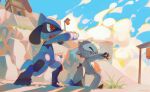  arch beach building clouds commentary_request day ellie_niunai_zhuyi_zhe fang from_below kubfu motion_blur no_humans open_mouth outdoors pokemon pokemon_(creature) red_eyes riolu sand sky stairs standing training 