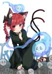  1girl :3 animal_ears black_bow black_footwear bow braid cat_ears dress extra_ears fang green_dress hair_bow heart highres hitodama kaenbyou_rin long_sleeves looking_at_viewer nekomata pointy_ears red_eyes redhead shoes skin_fang skull solo tail take_no_ko_(4919400) touhou twin_braids 