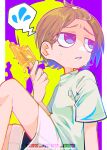  absurdres blue_hair brown_hair chromatic_aberration commentary_request dripping flying_sweatdrops food gender_request green_shirt highres holding holding_food knee_up looking_away looking_to_the_side medibang_paint_(medium) multicolored_hair neko_7567 original partial_commentary popsicle purple_background shirt short_sleeves shorts solo spoken_flying_sweatdrops sweat twitter_username violet_eyes white_shorts 