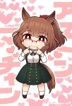  1girl animal_ears aston_machan_(umamusume) bespectacled brown_footwear brown_hair commentary_request dress english_text glasses green_dress green_eyes heart highres horse_ears horse_girl horse_tail long_sleeves looking_at_viewer no_headwear over-rim_eyewear pointing pointing_at_self red-framed_eyewear semi-rimless_eyewear simoyuki socks solo tail umamusume white_socks 