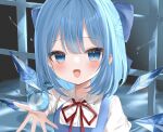  1girl apple bangs blue_bow blue_eyes blue_hair bow cirno collarbone food fruit hair_bow highres ice ice_wings looking_at_viewer okome2028 open_mouth short_hair short_sleeves solo touhou upper_body wings 