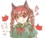  1girl animal_ears breasts cat_ears drill_hair fang fang_out green_shirt heart juliet_sleeves kaenbyou_rin large_breasts long_sleeves looking_at_viewer monrooru pale_skin puffy_sleeves red_eyes redhead ringlets shirt simple_background slit_pupils smile solo touhou translation_request upper_body white_background 