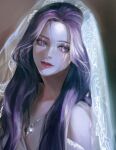  1girl absurdres bridal_veil forehead glint haseonyeon highres jewelry korean_commentary long_hair looking_to_the_side medea_solon mole mole_under_eye necklace pale_skin parted_lips portrait purple_hair simple_background solo veil violet_eyes your_throne 
