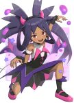  1girl bangs big_hair black_dress black_hairband black_socks brown_eyes clenched_hands commentary_request dark-skinned_female dark_skin dress fake_horns gonzarez hairband hand_up highres horns iris_(pokemon) leg_up long_hair official_alternate_costume open_mouth pokemon pokemon_(game) pokemon_bw pokemon_masters_ex purple_footwear purple_hair shoes simple_background sleeveless sleeveless_dress socks solo teeth tongue twintails upper_teeth white_background wrist_cuffs 