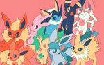  :d absurdres black_eyes bright_pupils closed_eyes closed_mouth eevee espeon flareon fukafuka glaceon highres jolteon leafeon looking_down no_humans open_mouth orange_eyes pink_background pokemon pokemon_(creature) simple_background smile sylveon umbreon vaporeon white_pupils 