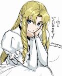  1girl blonde_hair blue_eyes character_request commentary_request copyright_request dress drill_hair head_rest highres long_sleeves looking_at_viewer parted_lips simple_background solo tsuki1910 white_background white_dress 