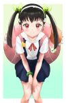  1girl absurdres backpack bag black_hair blue_skirt bow gradient gradient_background green_bow hachikuji_mayoi hair_bow hairband highres leaning_forward long_hair looking_at_viewer monogatari_(series) naoetsu_high_school_uniform red_eyes school_uniform shinobu1407 shirt simple_background skirt smile solo star_(symbol) suspender_skirt suspenders twintails white_hairband white_shirt 