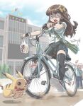  1boy 1girl bag bald between_breasts bicycle bosstseng bow breasts brown_eyes brown_hair building chinese_text constricted_pupils glasses ground_vehicle hair_bow large_breasts miniskirt necktie opaque_glasses open_mouth original pikachu plastic_bag pleated_skirt pokemon pokemon_(creature) republic_of_china_flag riding riding_bicycle school_bag school_uniform shoes signature skirt sneakers strap_between_breasts sweatdrop thigh-highs translation_request zettai_ryouiki 