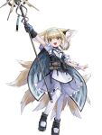  1girl animal_ear_fluff animal_ears arknights arm_up bangs black_footwear black_gloves blonde_hair blue_dress blue_hairband commentary dress earpiece fox_ears fox_girl fox_tail frilled_dress frills gloves green_eyes hair_rings hairband highres holding holding_staff looking_at_viewer multiple_tails open_mouth pantyhose shoes short_hair simple_background single_glove single_wrist_cuff smile solo staff suzuran_(arknights) tail two-tone_gloves white_background white_pantyhose wrist_cuffs yachima_tana 