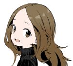  1girl :d bangs black_sweater brown_eyes brown_hair commentary_request forehead from_side highres karakai_jouzu_no_takagi-san long_hair looking_at_viewer looking_to_the_side official_art parted_bangs portrait ribbed_sweater simple_background smile solo sweater takagi-san turtleneck turtleneck_sweater white_background yamamoto_souichirou 