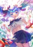  air_bubble black_bow blue_bow blue_eyes blue_hair blue_skirt blurry bottle_miku bow bubble cowboy_shot fish hair_bow hatsune_miku highres light looking_at_viewer midriff navel open_mouth pleated_skirt raymond_busujima school_uniform serafuku shirt short_sleeves skirt underwater vocaloid white_shirt 