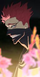  1boy black_background black_capelet black_clover black_mask blue_eyes capelet redhead sharp_teeth teeth yoshihara_tatsuya zora_ideale 