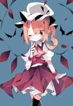  1girl ascot bat_(animal) black_thighhighs blonde_hair blue_background collared_shirt cowboy_shot eyes_visible_through_hair flandre_scarlet hair_over_one_eye hat highres looking_at_another medium_hair mob_cap nacht_musik one_eye_closed puffy_short_sleeves puffy_sleeves red_skirt red_vest shirt short_sleeves side_ponytail simple_background skirt skirt_set solo thigh-highs touhou vest white_headwear white_shirt wings yellow_ascot 