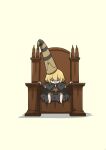  1girl absurdres bangs barefoot blonde_hair chibi cloak commentary elden_ring english_commentary evil_smile fur_cloak helmet highres hololive hololive_english phdpigeon simple_background sitting smile smol_ame solo throne v-shaped_eyebrows vambraces virtual_youtuber watson_amelia yellow_background yellow_headwear |_| 