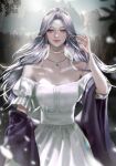  1girl bare_shoulders bead_choker blurry blurry_background choker commission cover cover_page dress earrings haseonyeon highres jewelry korean_commentary long_hair looking_at_viewer multicolored_hair necklace novel_cover off_shoulder original purple_hair smile solo tiara violet_eyes white_dress white_hair 