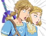 1boy 1girl blonde_hair blue_eyes braid constricted_pupils francisco_mon green_eyes highres link master_sword motion_blur open_mouth pogchamp pointy_ears princess_zelda sword sword_on_back the_legend_of_zelda the_legend_of_zelda:_breath_of_the_wild the_legend_of_zelda:_tears_of_the_kingdom thick_eyebrows weapon weapon_on_back 